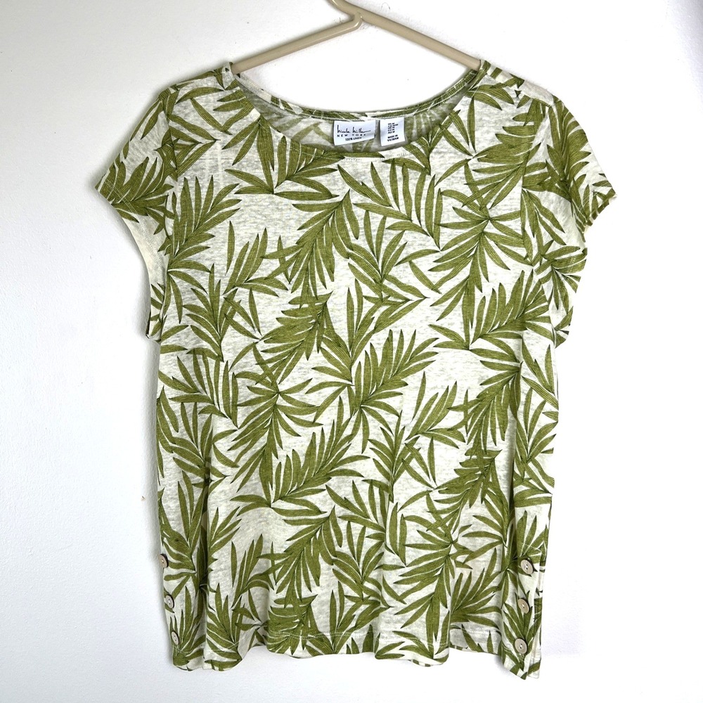 Nicole Miller 100% Linen Top Women's Sz Med Cap Sleeve Tropical Leaf Print Butto
